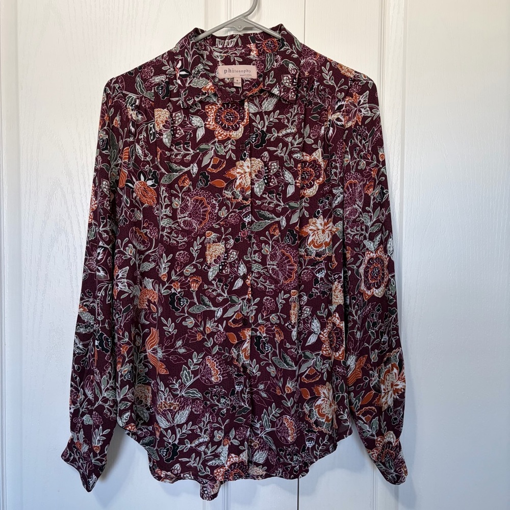 Philosophy Burgundy Floral Long Sleeve Blouse Small